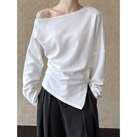 High Grade Irregular Asymmetric Shoulder Sweater Women Special Interest Design Fold Split Waist Controlled Top