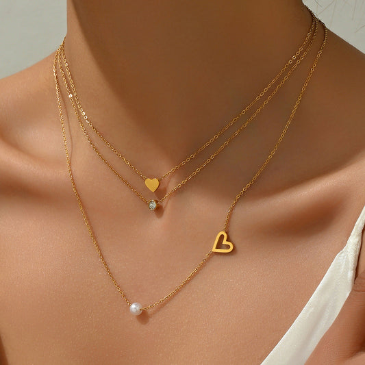 Fashionable Simple 18K Gold Stainless Steel Lovely Pearl Zircon Clavicle Three Chain Twin Necklace for Women