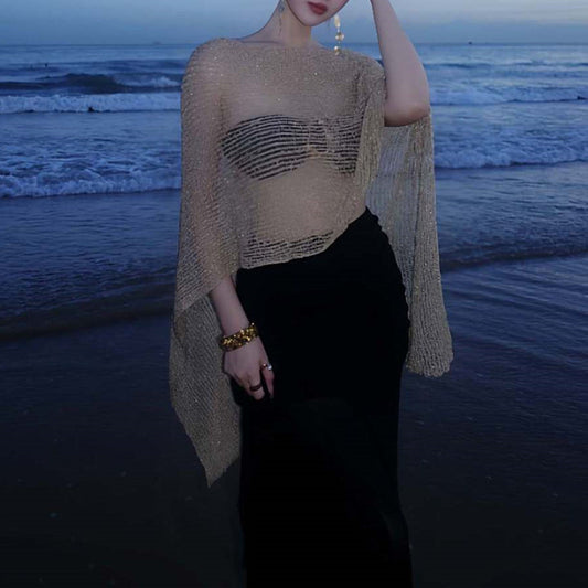 Pure Hollow Out Cutout out Gold Knitted Blouse Bikini Four Piece Suit Elegant Beautiful Vacation Maxi Dress Swimsuit Women