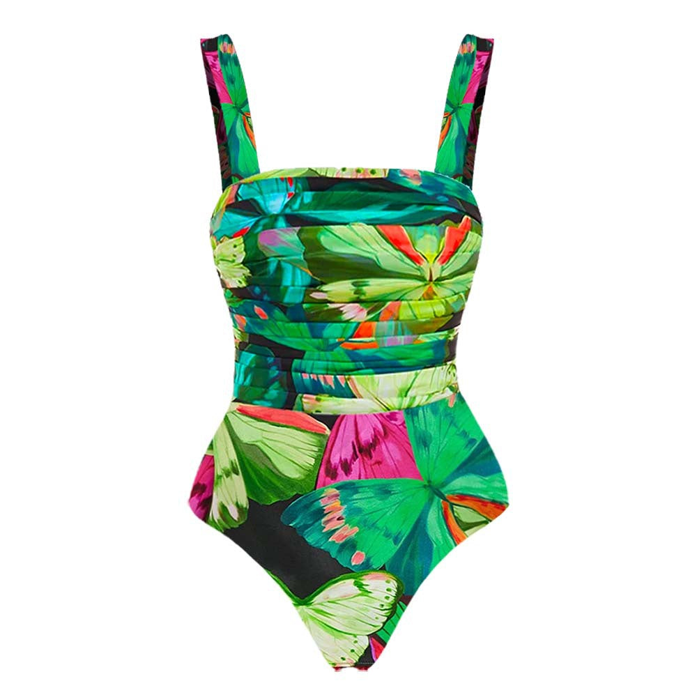 Butterfly Print One Piece Swimsuit Women Umbrella Skirt Sets