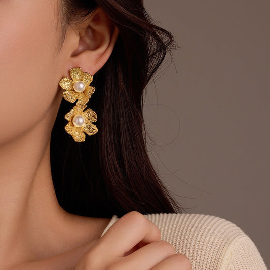 Gold Titanium Steel Petal Pearl Non Fading Stainless Steel Earrings Earrings
