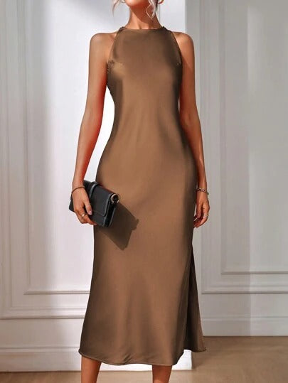 Satin Dress Women Clothing Spring Summer Sleeveless Split Satin Imitation Silk Maxi Dress