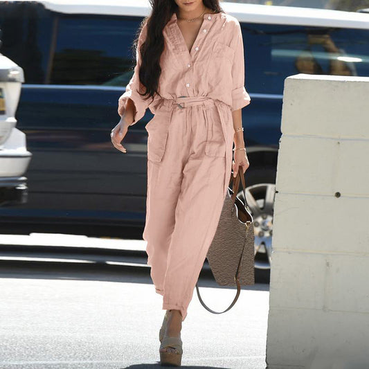 Summer Women Clothing Casual Polo Collar Printing Belt Cargo Overalls