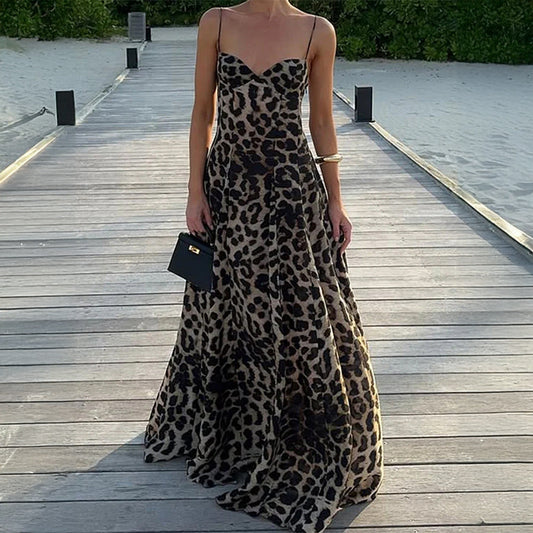 Sexy Sling Leopard Print Maxi Dress Women Clothing Autumn