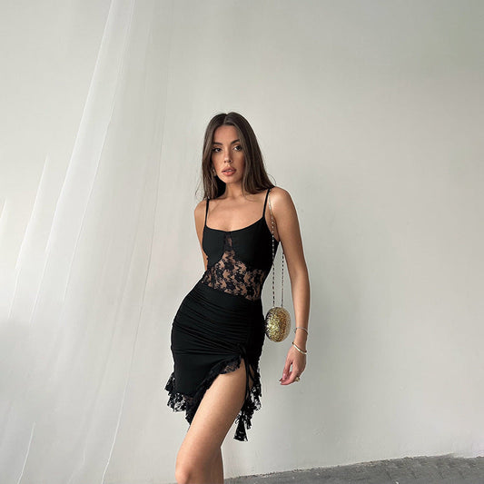 Sexy Strap Lace Stitching Hollow Out Cutout Slim Irregular Asymmetric Dress Short Dress