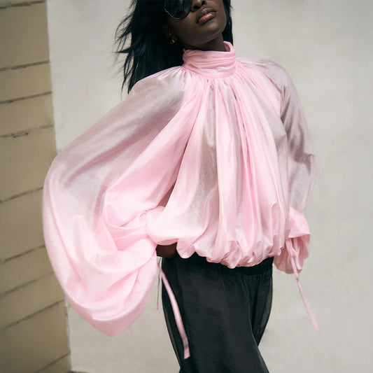 Turtleneck Long Sleeve Shirt Spring Summer Semi Transparent Lantern Sleeve Pleated Bud Turtleneck Shirt