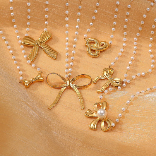 Pearl Bow Titanium Steel Necklace Women Light Luxury High Sense Stainless Steel Embellished