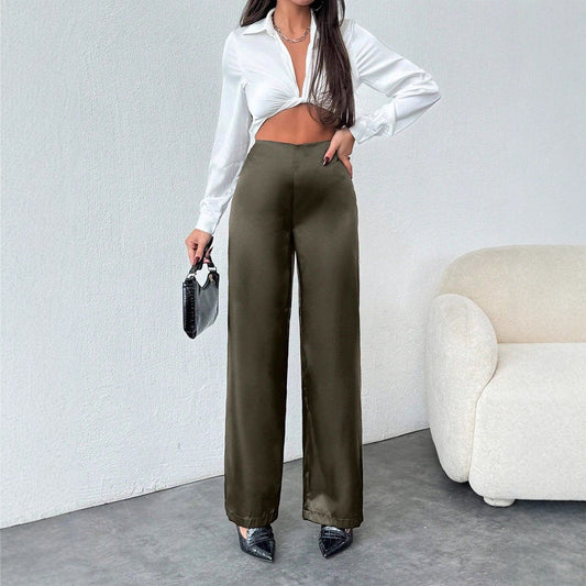 Women Clothing Autumn Satin Casual Pants Loose Black Satin Wide Leg Pants