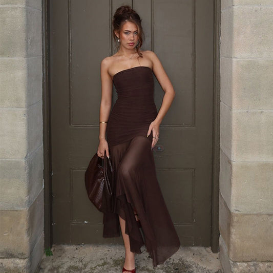 Women Clothing Spring Sexy Tube Top off Neck Mesh Stitching Dress