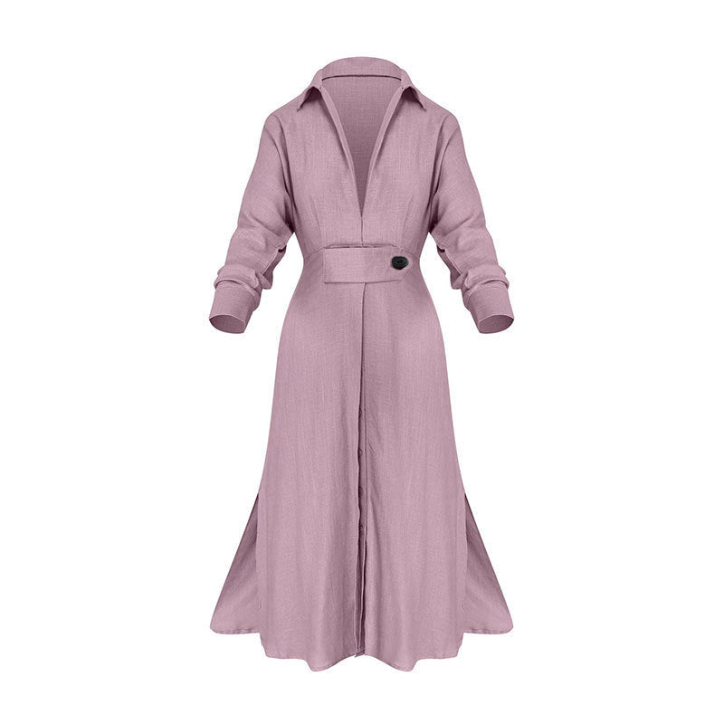 Autumn Office Lace Up Solid Color Waist Tight Long Sleeve Irregular Asymmetric Shirt Dress