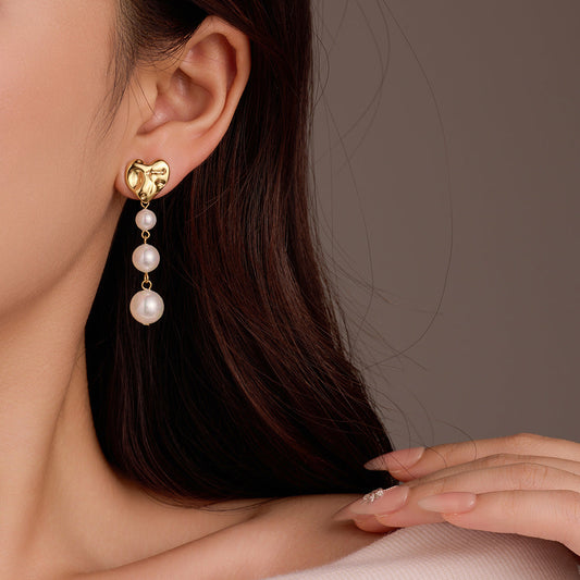 Titanium Steel Heart-Shaped Pleated Pearl Embellished Tassel 18K Gold All Match Stainless Steel Earrings
