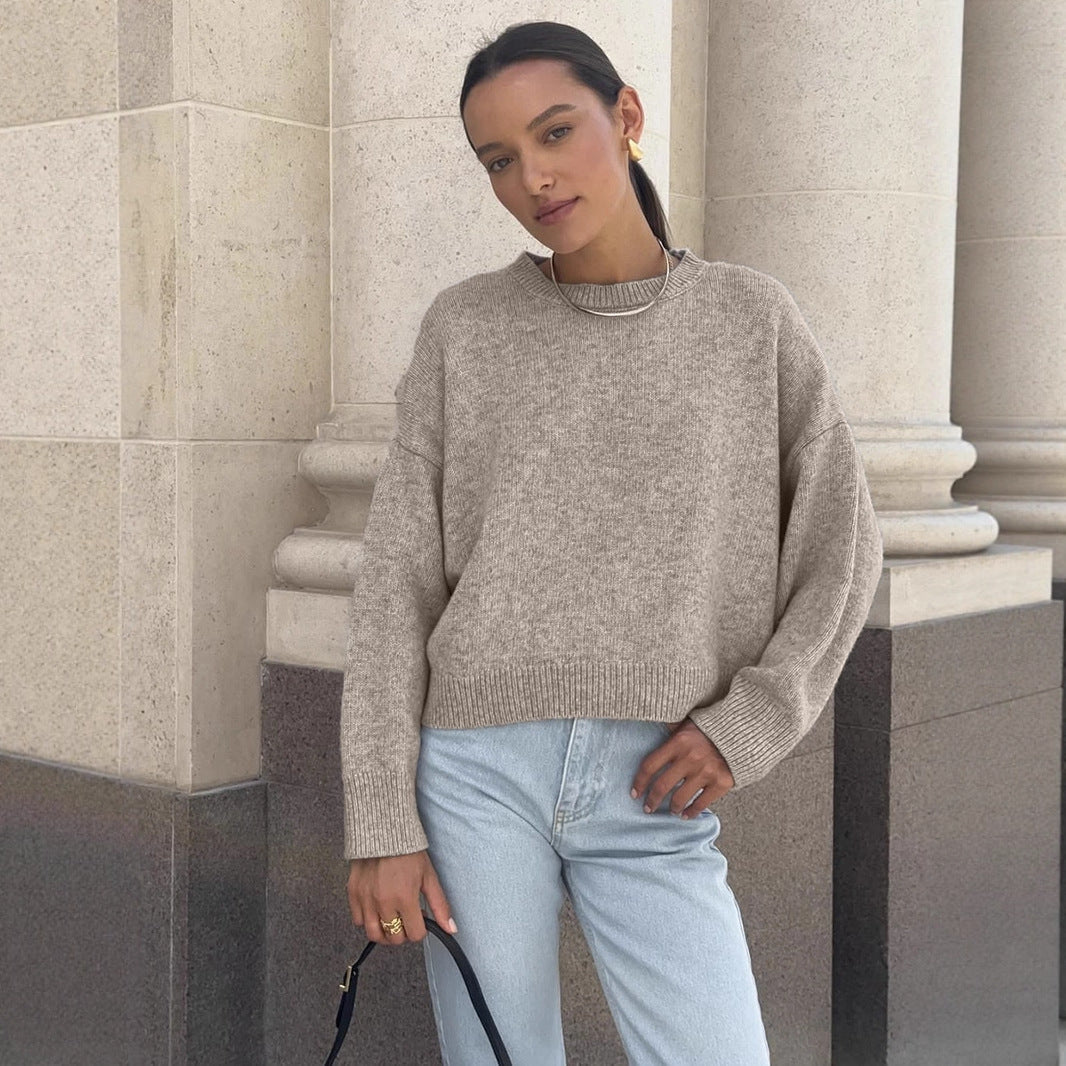 Autumn Winter Russian Thickened Short round Neck Solid Color Sweater All Matching Basic Women Clothing