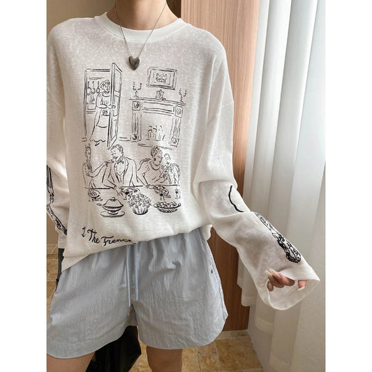 Idle Fun Cartoon Graffiti Letter Graphic Print round Neck Loose Long Sleeves T shirt
