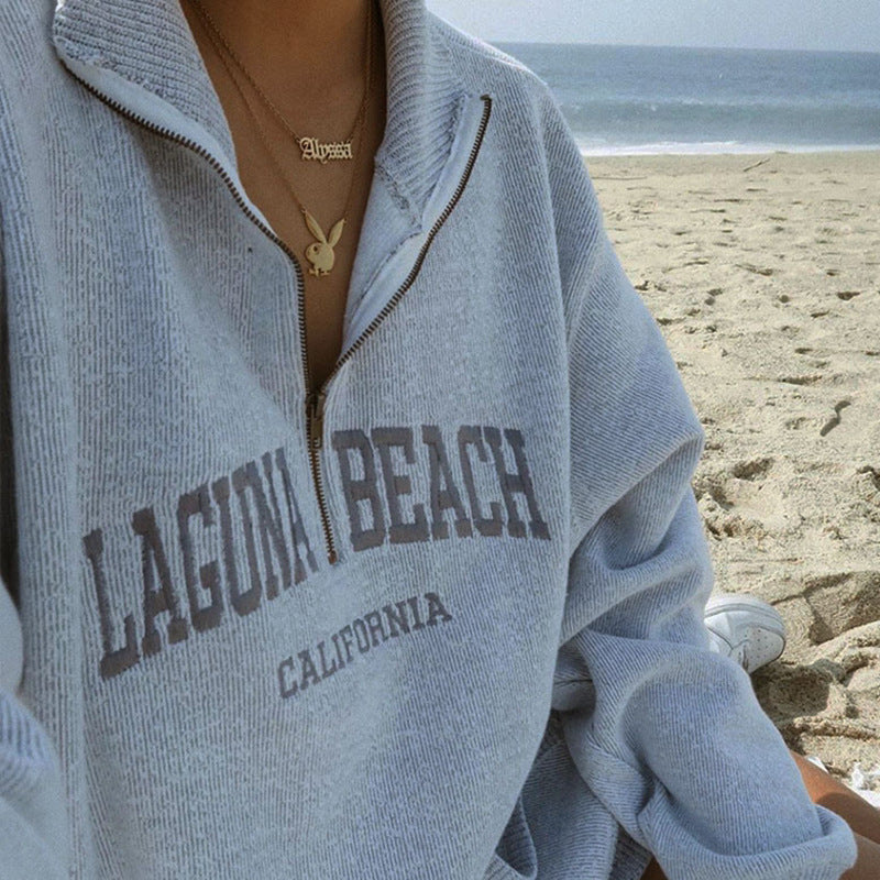 Casual Spring Women Pullover Sweatshirt Letter Graphic Embroidery Zipper Pullover Baggy