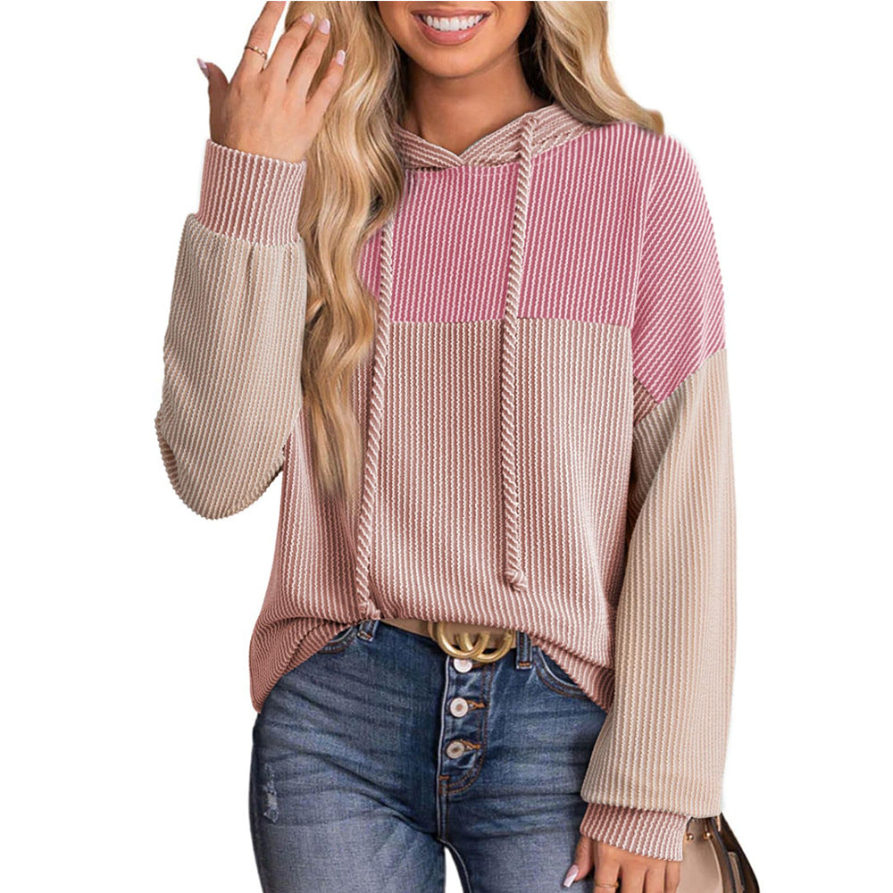 Autumn Winter Twist Strip Color Matching Long Sleeve Hoodie Loose Sweater