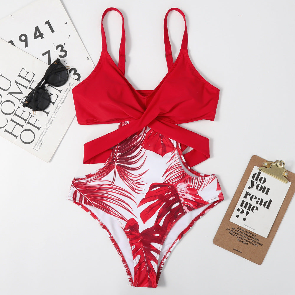 One-Piece Leaf-Shaped Floral Color Matching Women Swimsuit Lace-up Sexy Triangle Bikini