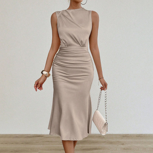 Women Clothes Summer Sexy Satin Dress Pleated Satin Midi Dress