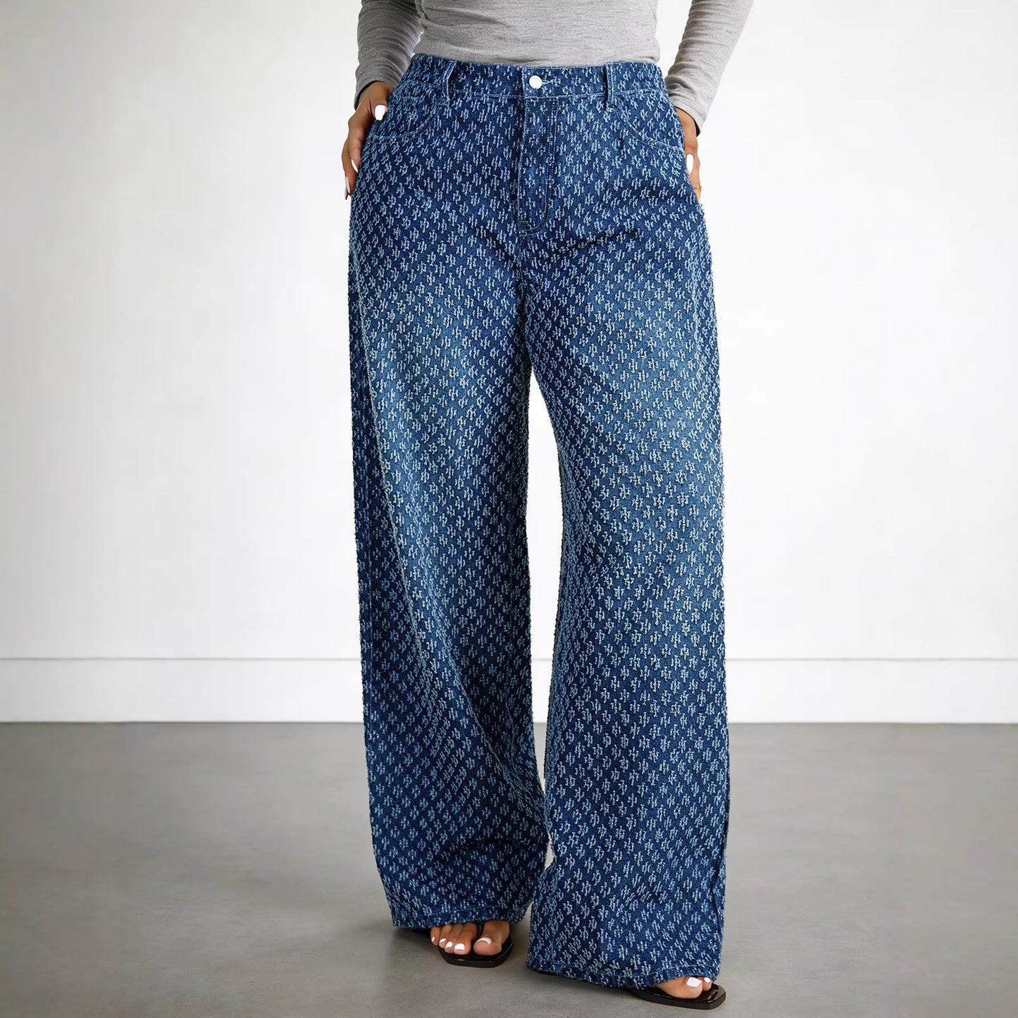 Plus Size Women Starry Sky Straight Loose Drooping Jeans Crocheted High Street Niche Design Wide Leg Pants