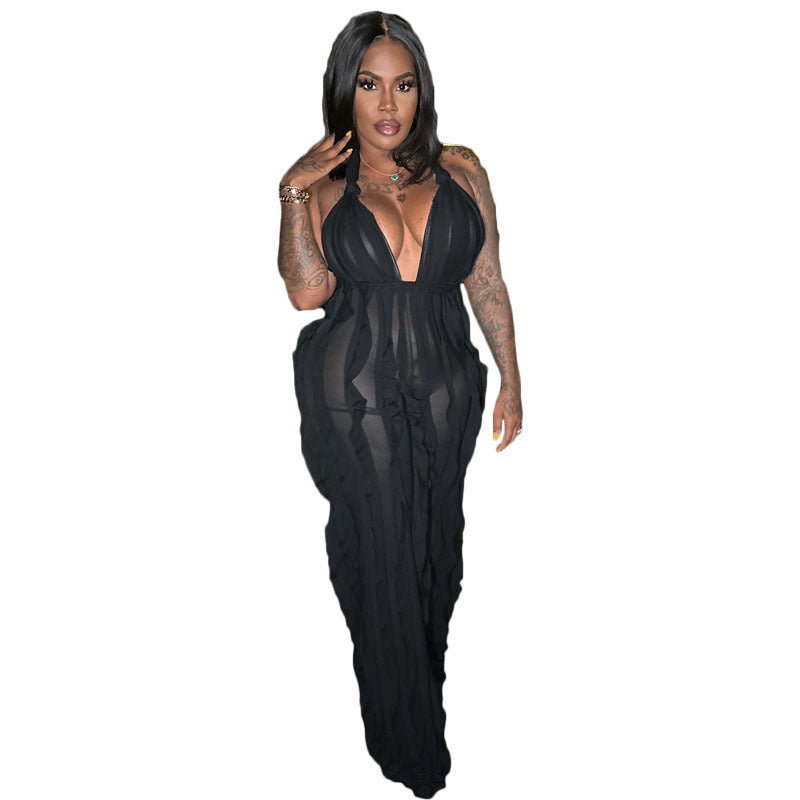 Women Clothing Spring Summer Wave Pattern Sexy Bandeau High Waist Jumpsuit