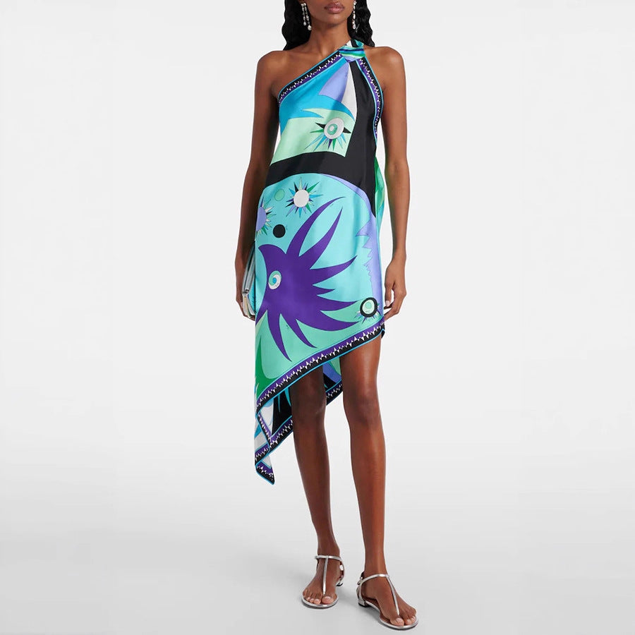 Spring Summer Satin Positioning Printing Sloping Shoulder Dress Casual Holiday Dress