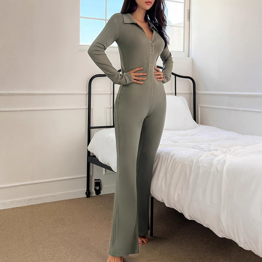 Polo Collar Knitted Long Sleeved Button Design Sports Siamese Fit Hip Raise Slimming Jumpsuit