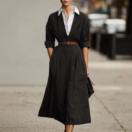 Fall Women Vintage Stripe Shirt Dress Loose Waist Contrast Color Blouse Collar Dress