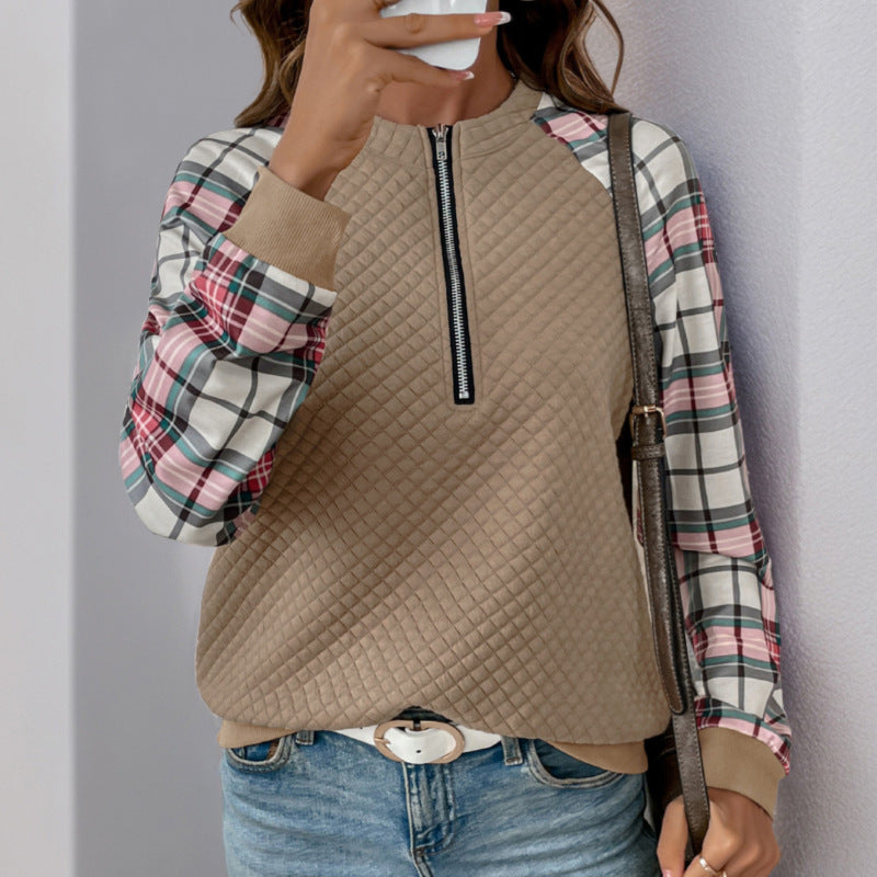Casual Retro Cardigan Zipper Plaid Stitching Diamond Patterns Fabric Sweatshirts