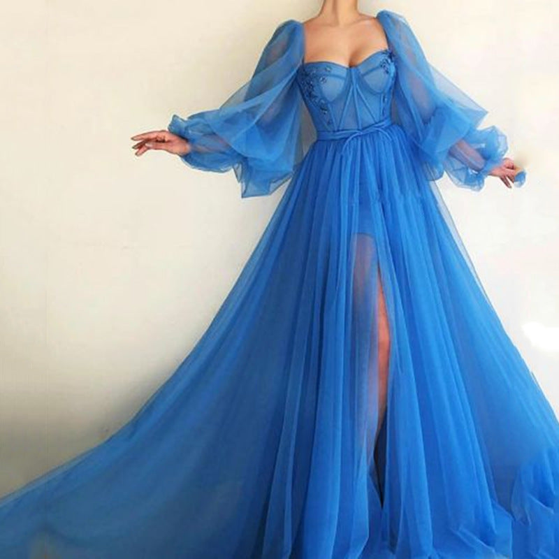 Summer Women Clothing Graceful Fashionable Dress Mesh Split Expansion Dress Wedding Evening Dress