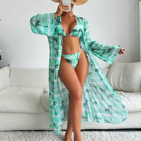 Swimsuit Women Split Three Piece Suit Printing Mesh Red Long Sleeve Sunken Stripe Bikini Swimsuit