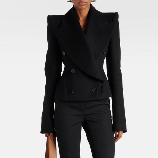 Early Autumn Double Breasted Simple Slim Fit Large Collared Woolen Jacket Coat