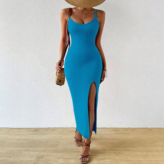Vacation Beach Dress Women Summer Sexy Package Hip Slit Knitted Sling Midi Dress