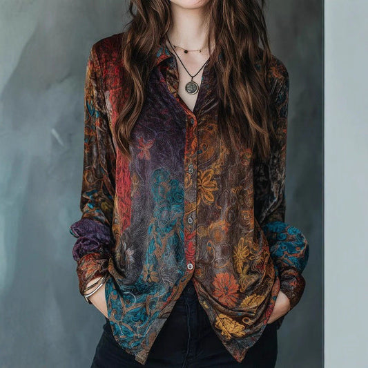 Casual Long Sleeved Button Shirt Vintage Floral Print Painted Design Shirt Women