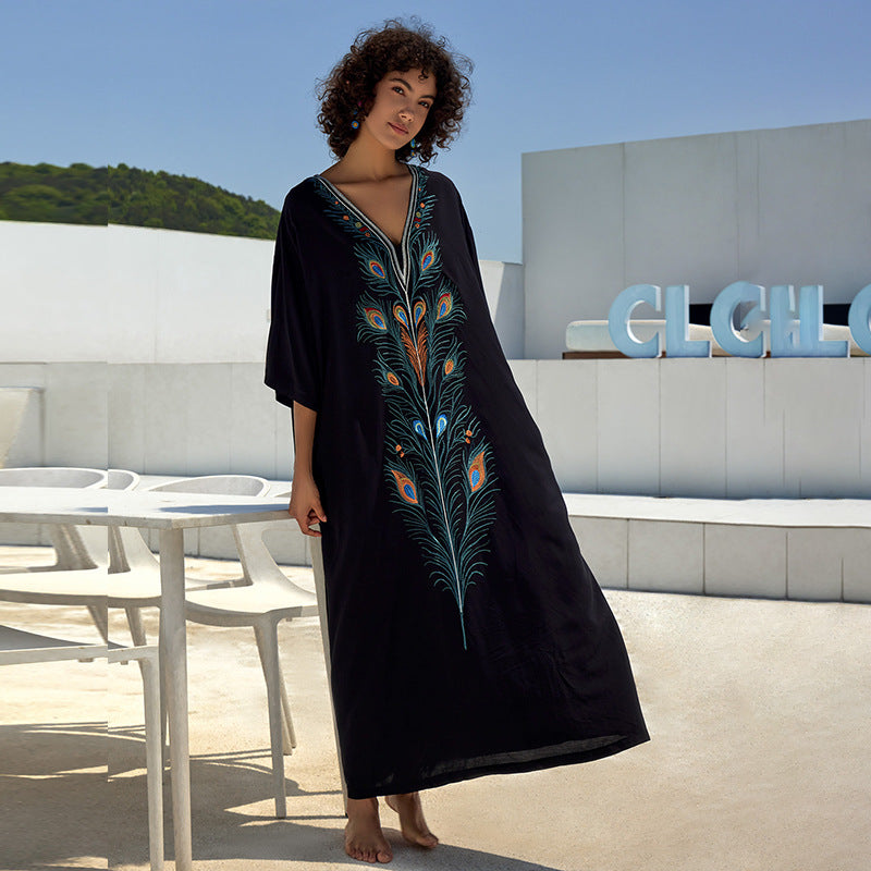 Cotton Printing Vacation Loose Maxi Dress Beach Jacket Maxi Dress Bikini Cover up Blouse