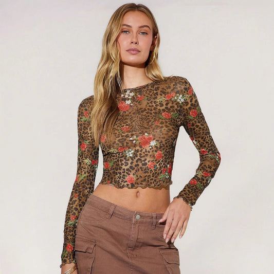 Spring Women Leopard Print Floral Printed Mesh round Neck Short Long Sleeved T shirt Top
