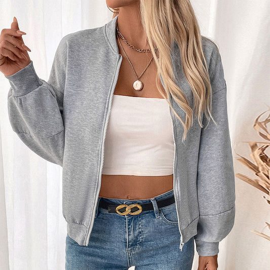 Retro Casual Simple Baseball Collar Long Sleeve Solid Color Thickened Coat Women