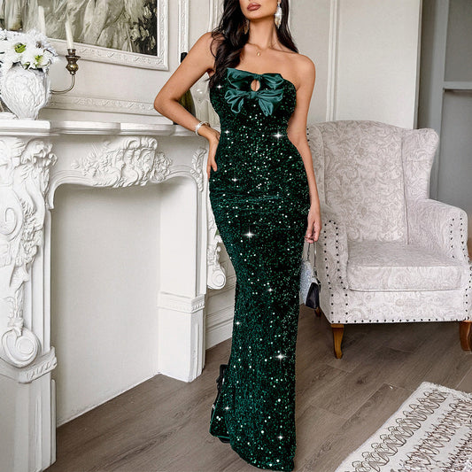 Women Elegant Evening Dress Tube Top Sexy Maxi Dress