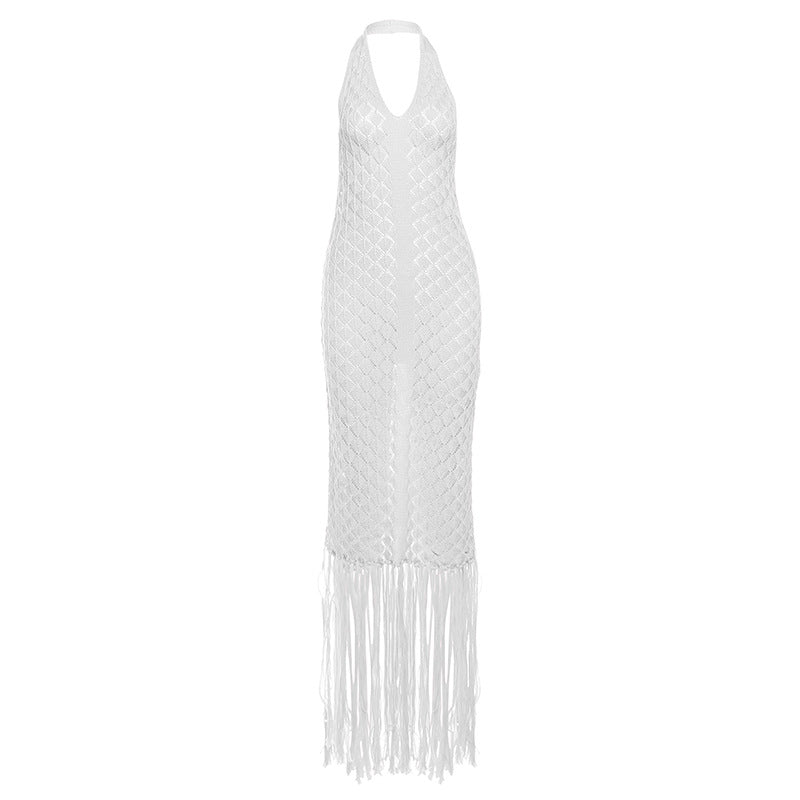 Summer Beach Dress Women Solid Color Sexy Knitted Beach Group Cover up Sunscreen Knitted Dress
