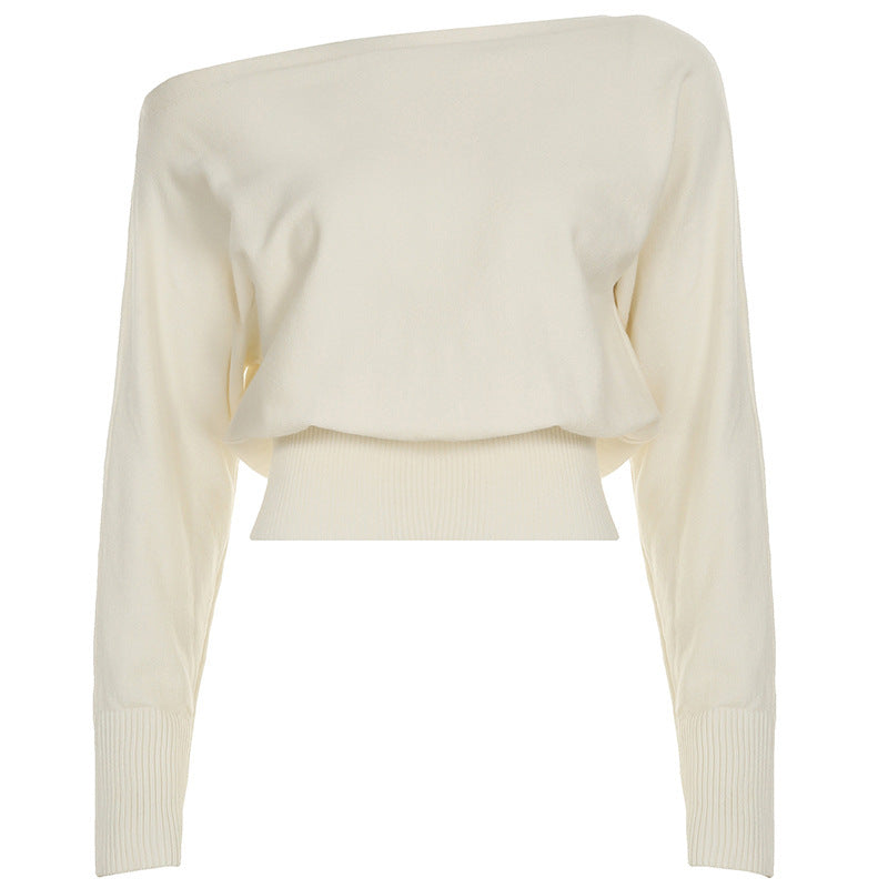 Gentle Diagonal Collar Loose Drawstring Slim Fit Solid Color Sweater Sexy Strapless All Matching Short Top