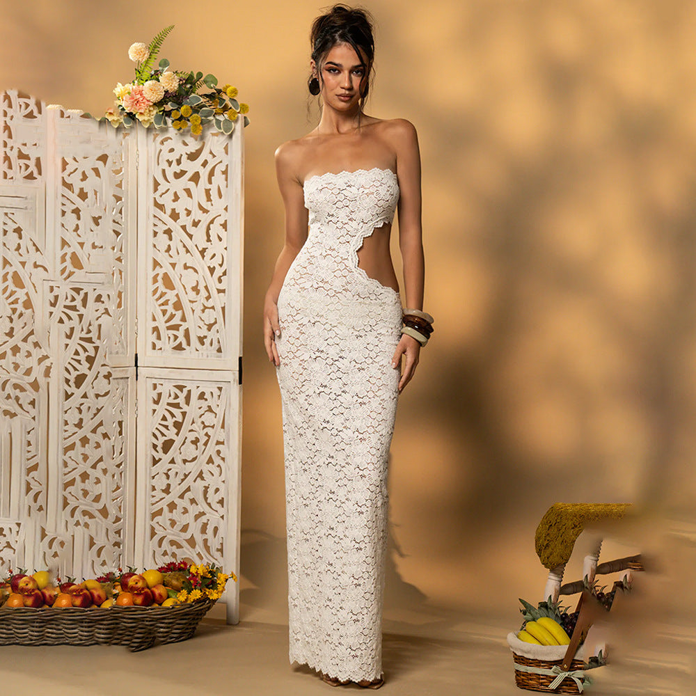 Summer Sexy Lace Hollow Out Cutout Split Women Tube Top Dress
