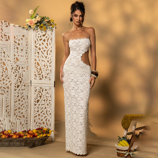 Summer Sexy Lace Hollow Out Cutout Split Women Tube Top Dress