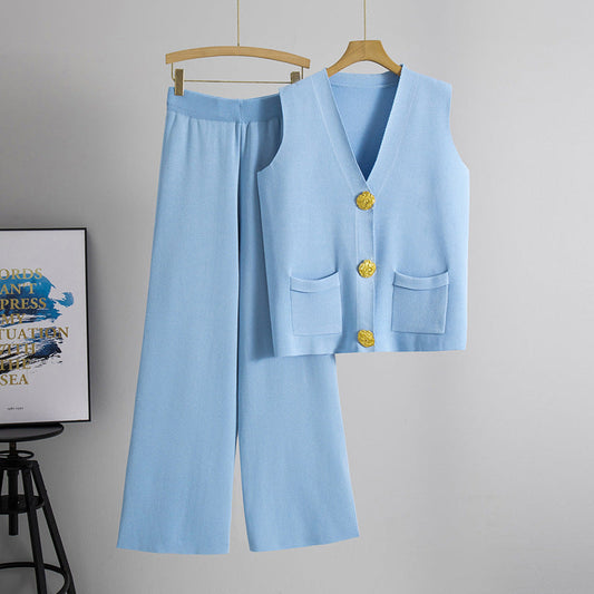 Summer Gold Button V neck Knitted Vest Casual Trousers Knitting Two Piece Sets