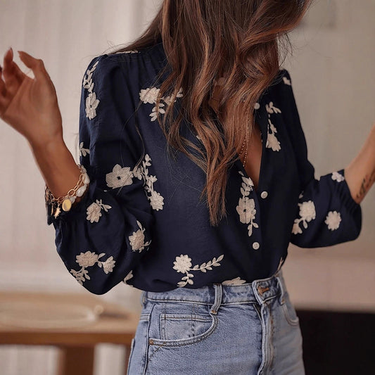 Popular Spring Autumn Women Cardigan Puff Sleeve Wooden Ear Collar Embroidered Casual Shirt Top