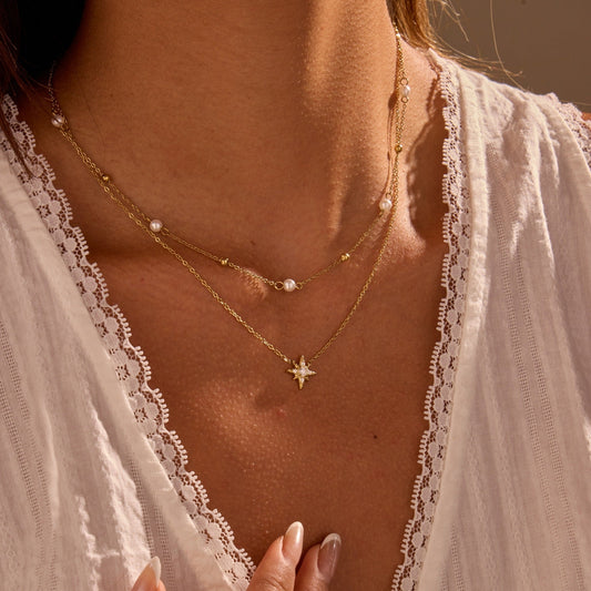 Double Layer Six Pointed Star Rhinestone Pearl Stainless Steel Necklace 18K Gold Plating Ornament