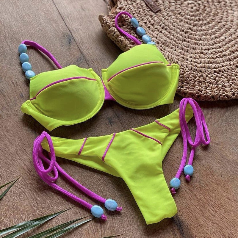 Sexy Sunken Stripe Split Bikini Women Swimsuit