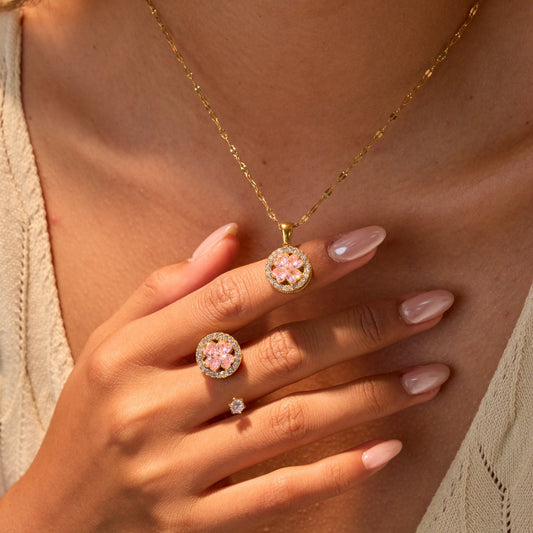 Inlaid Zircon Rotatable Clover Stainless Steel Necklace Light Luxury Titanium Steel Ring Hand Jewelry