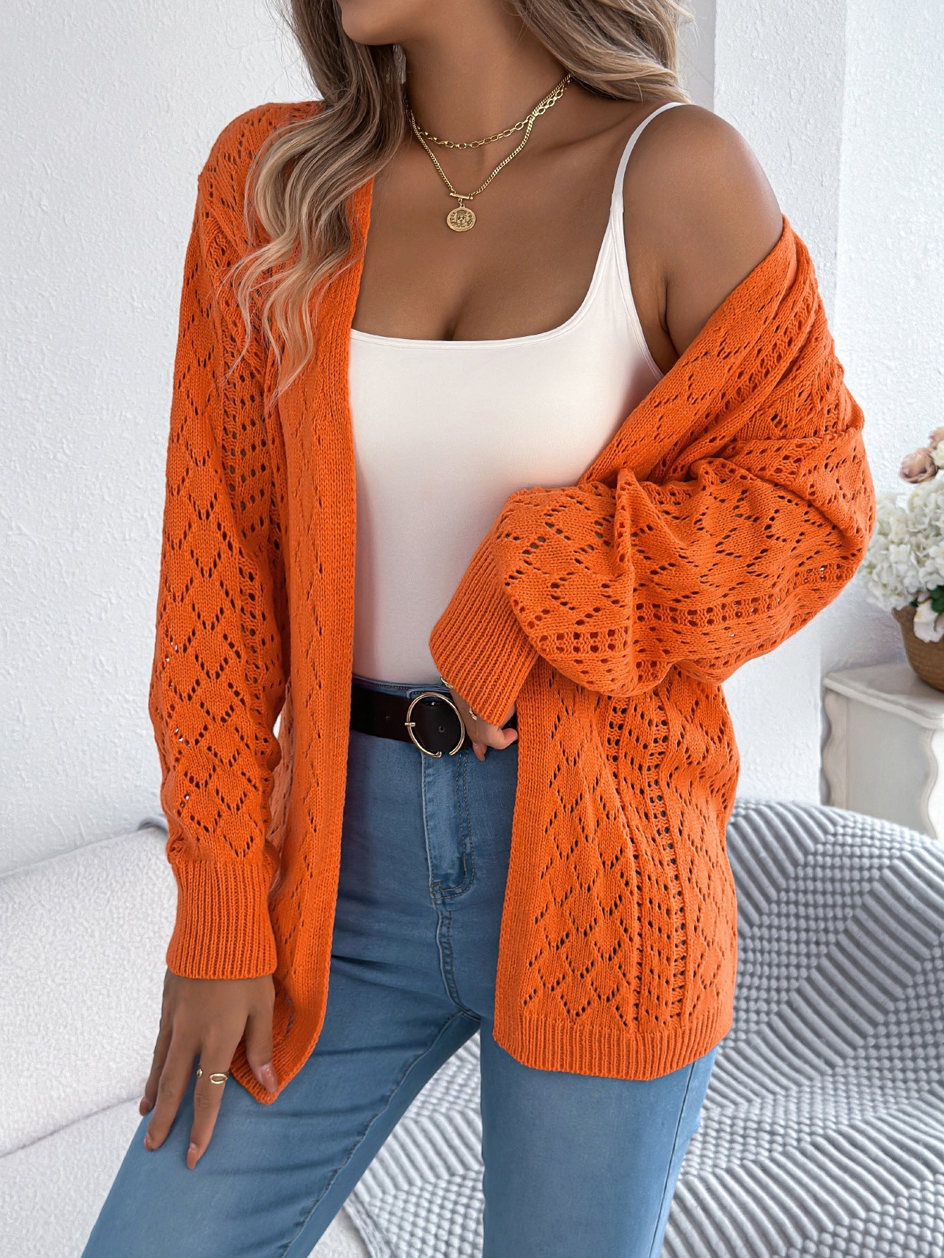 Autumn Winter Hollow Out Cutout out Lantern Long Sleeve Cardigan Sweater Mid Length Coat Women Clothing