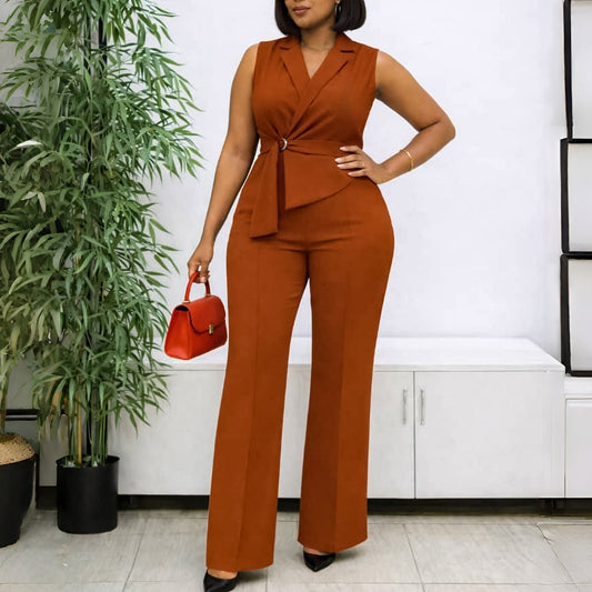 Summer Solid Color Sleeveless Collar Lace up Wide Leg Pants Jumpsuit