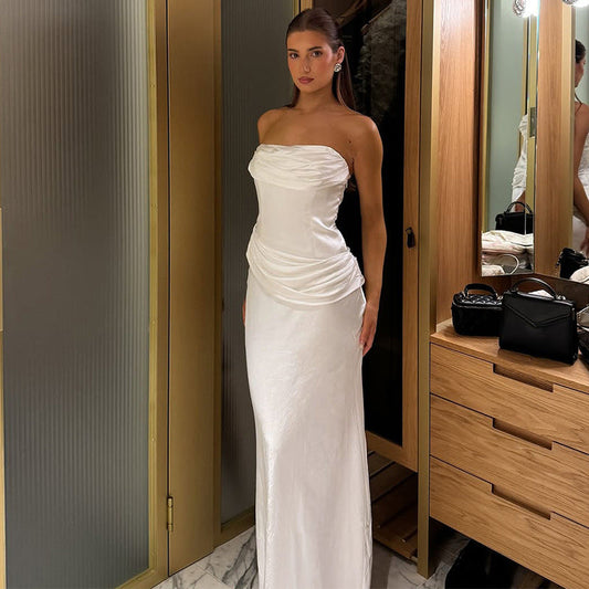 Summer Women Solid Color Graceful Satin Pleated Slim Tube Top Dress