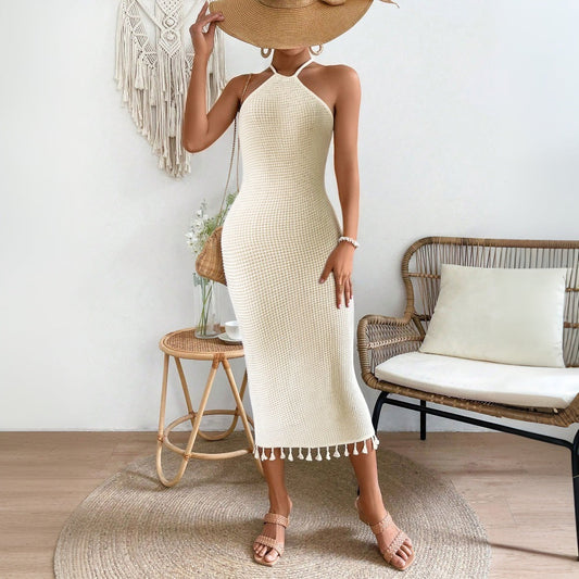 Summer Vacation Tassel Dress Halter Lace up Cami Dress Elegant Travel Knitted Midi Dress