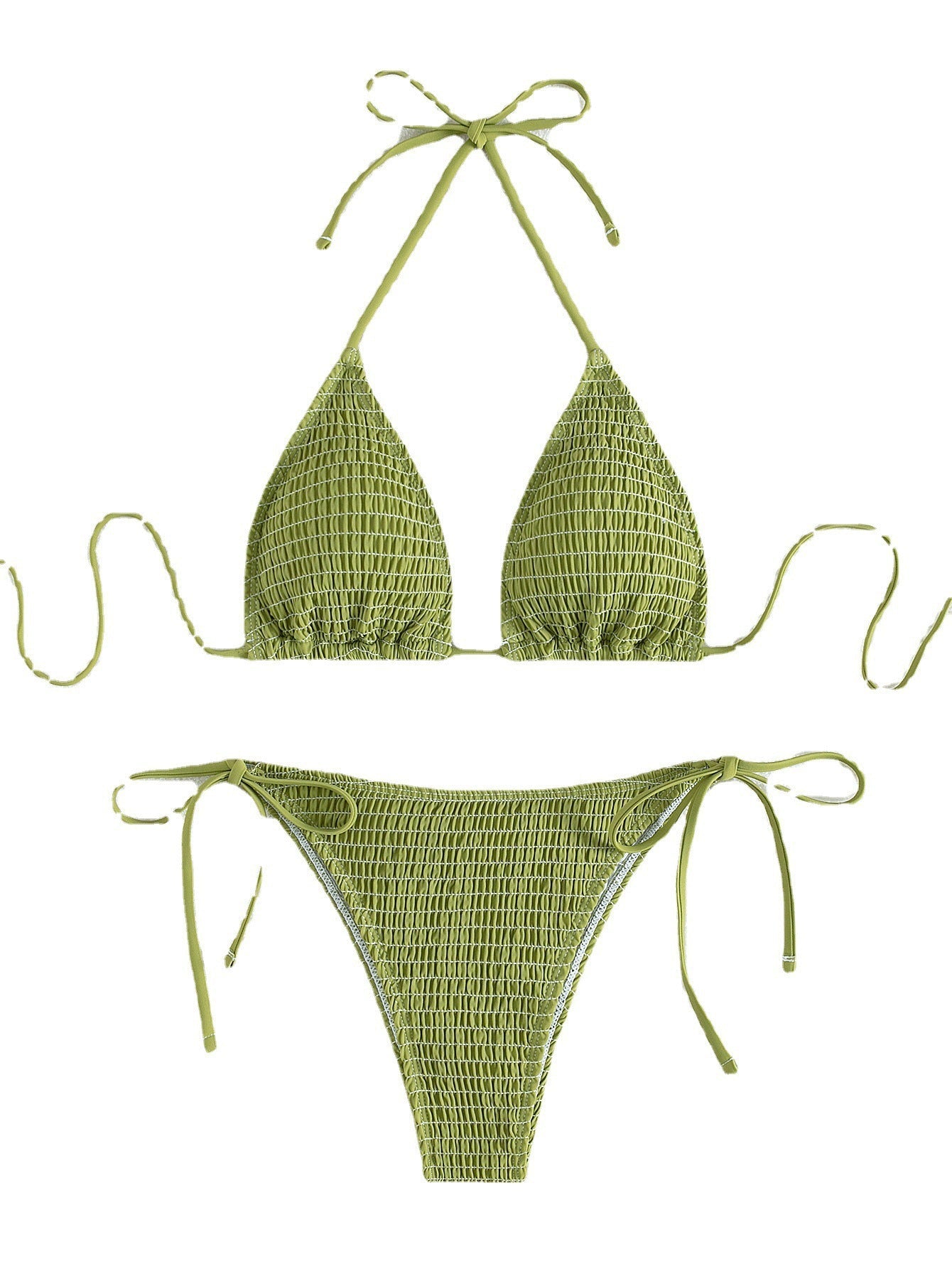 Solid Color Sexy Pleating Triangle Lace Up Side Beach Swimsuit Bikini